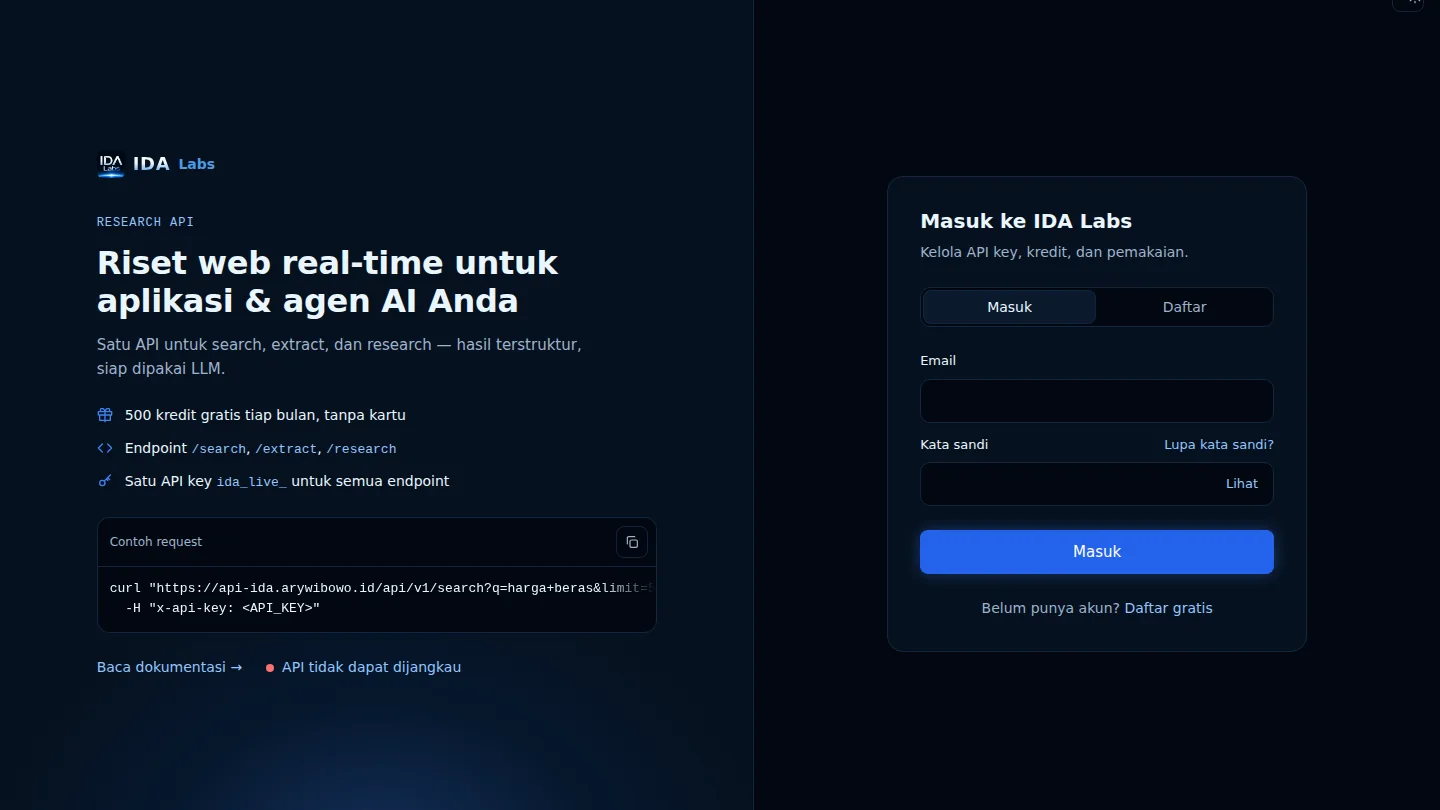 IDA Labs public landing or login screenshot; not verified application functionality
