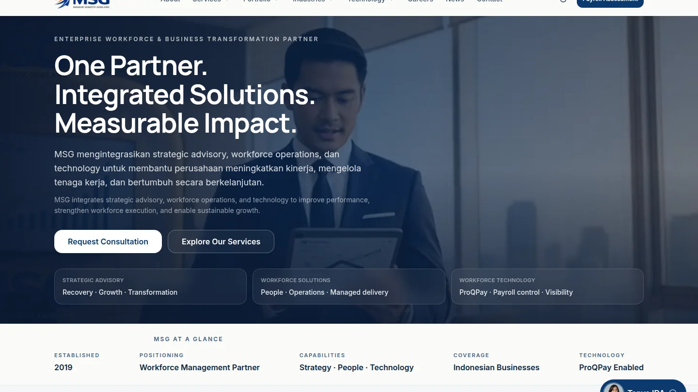 MSG Corporate public landing or login screenshot; not verified application functionality